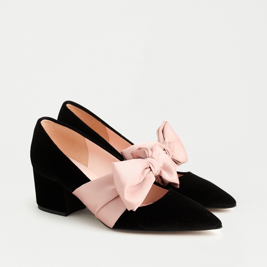 J.Crew Laney Pumps With Bow In Velvet Black Blush Pink Bow Size 8